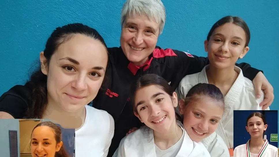 Sara Roberto, il maestro Palma Arpone, l’esordiente Giulia Mancin e, in basso, le giovanissime Emma Trupia e Virginia Pia Sara Roberto, il maestro Palma Arpone, l’esordiente Giulia Mancin e, in basso, le giovanissime Emma Trupia e Virginia Pia