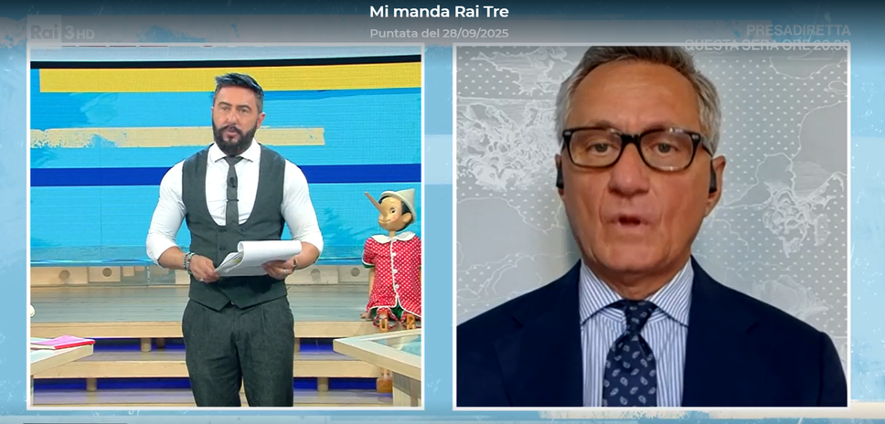 Il conduttore Federico Ruffo con il sindaco di Biella Marzio Olivero collegato da remoto