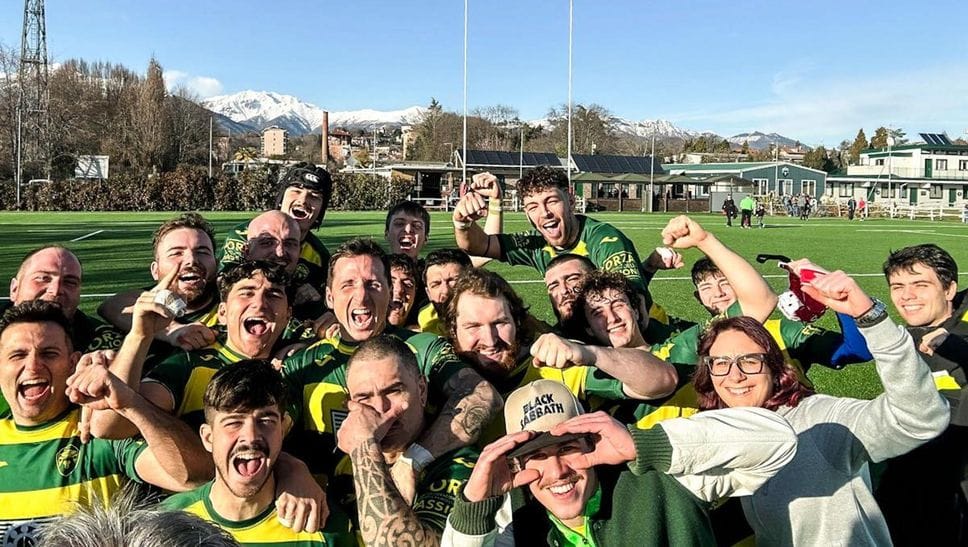 La gioia del Biella Rugby dopo la vittoria contro Cuneo nel big match del campionato di Serie C