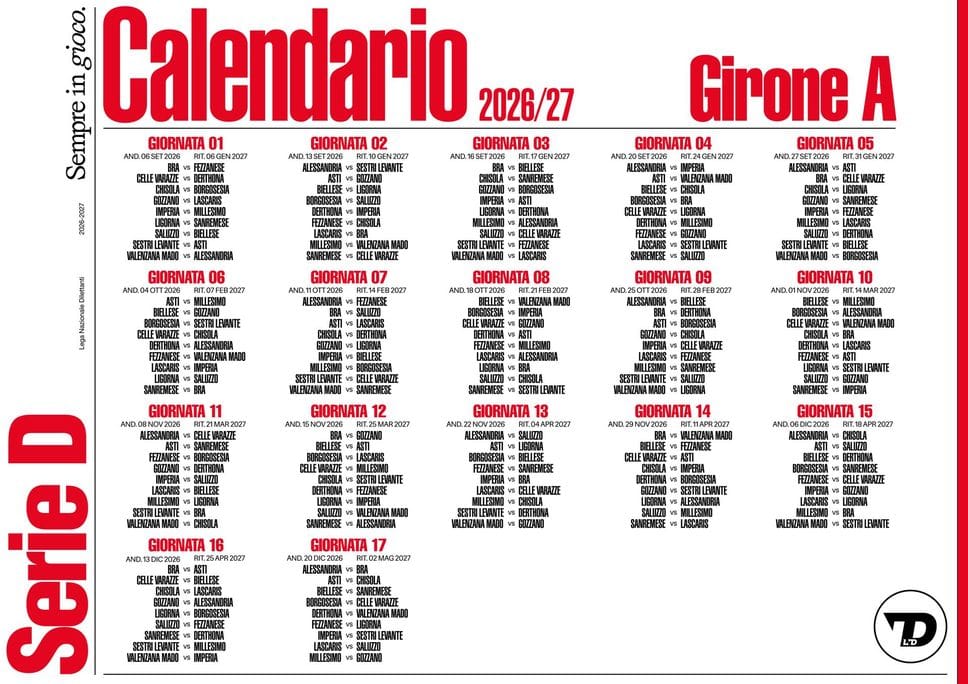 Calendario Serie D:  settembre durissimo per la Biellese