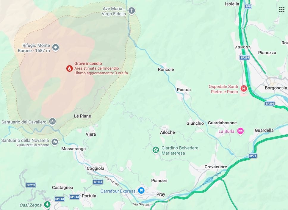 L’incendio ha raggiunto il rifugio Monte Barone e la località Le Piane